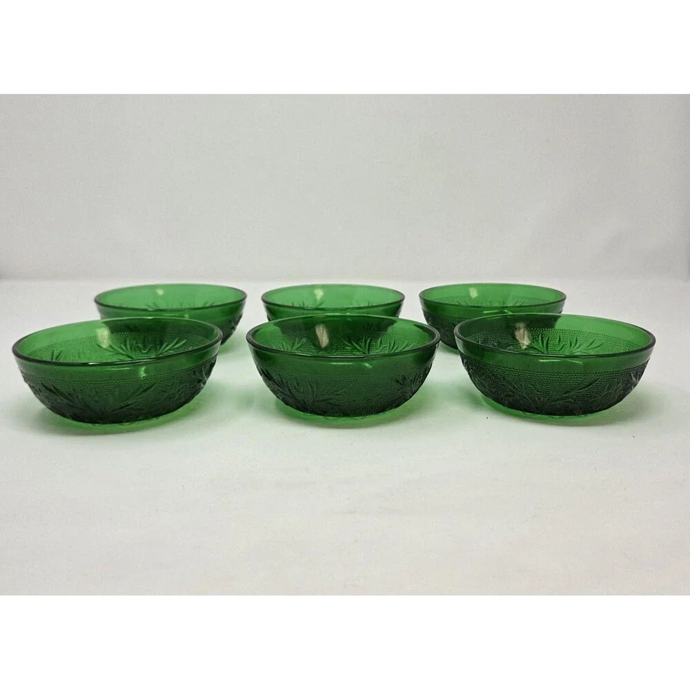 Anchor Hocking Forest Green Sandwich Glass Berry Bowls Set of 6 Vintage‎ 1950s